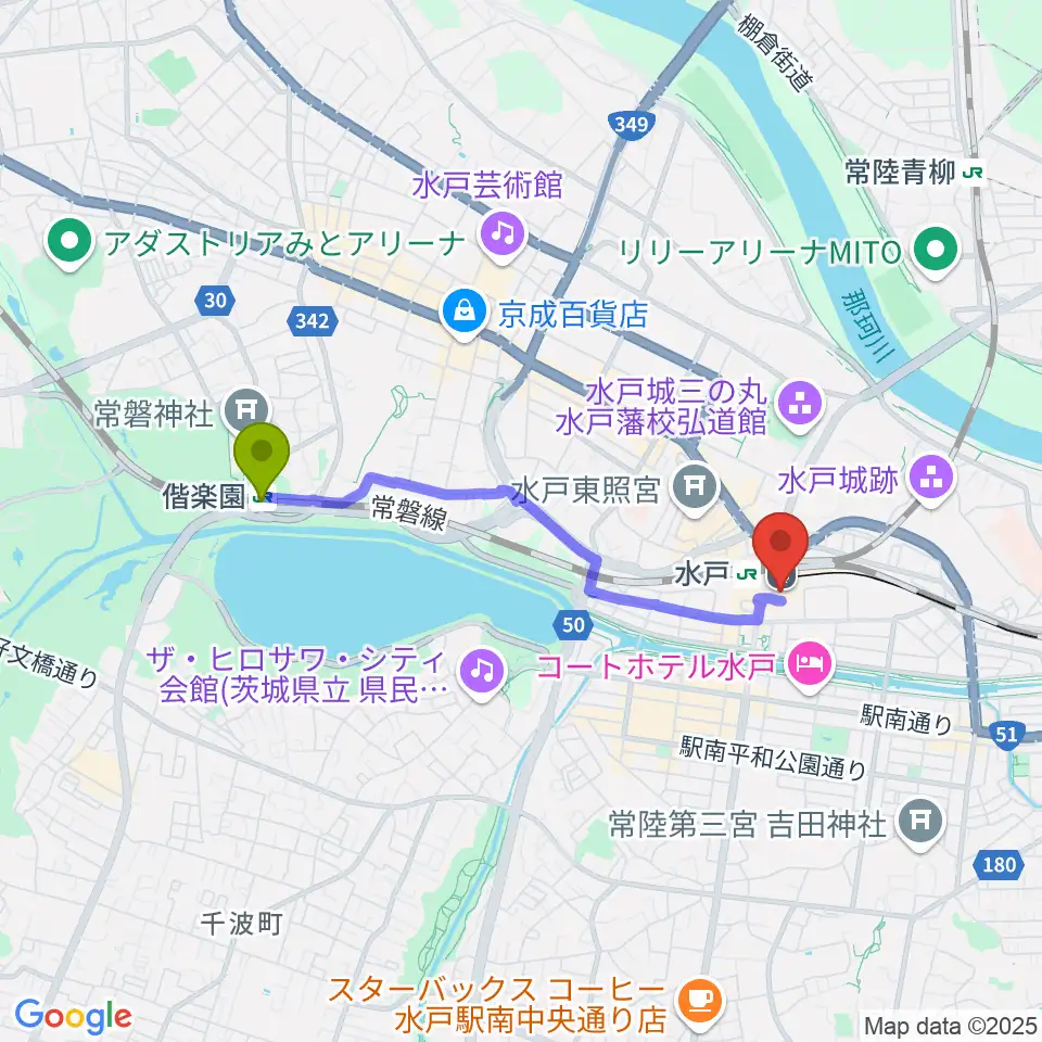 偕楽園駅からエクセルカルチャーセンターへのルートマップ地図