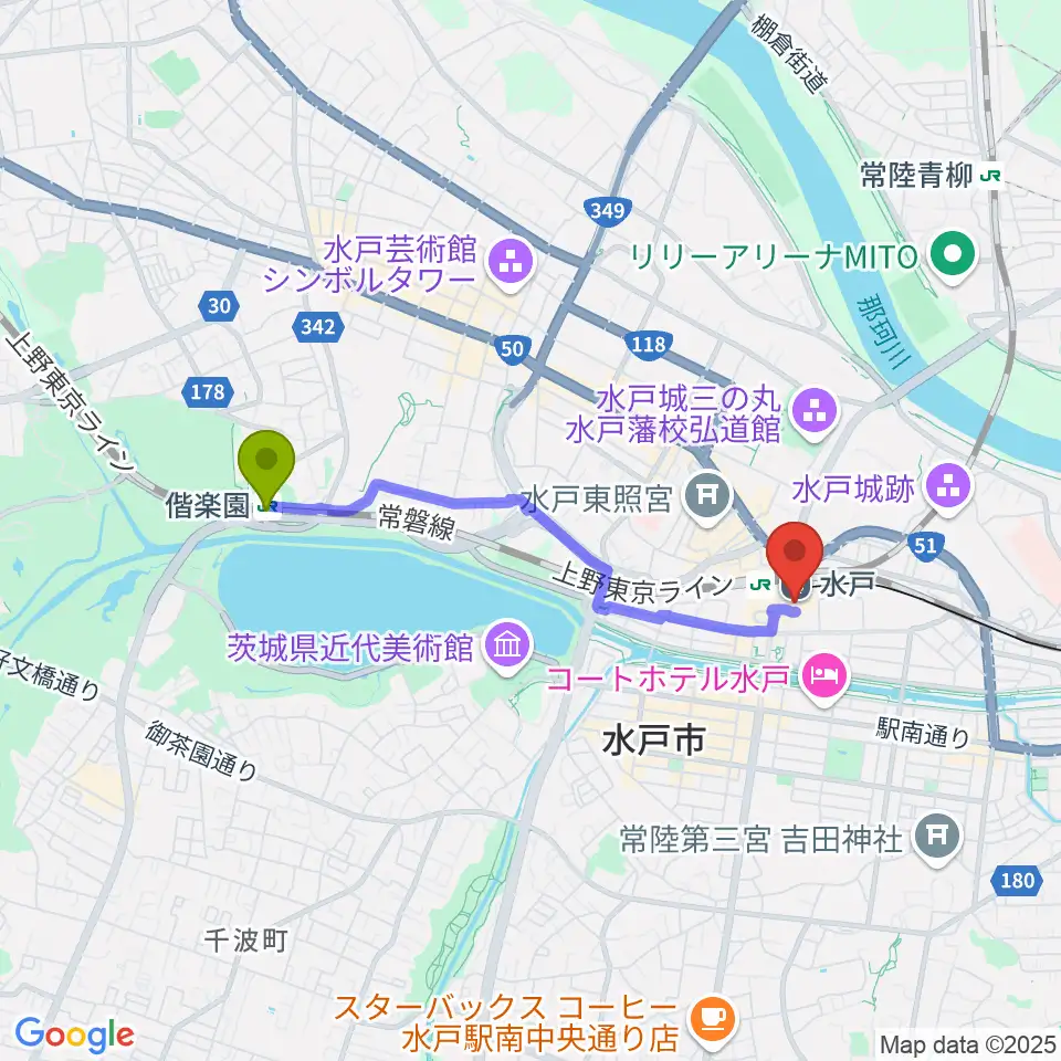 偕楽園駅からエクセルカルチャーセンターへのルートマップ地図