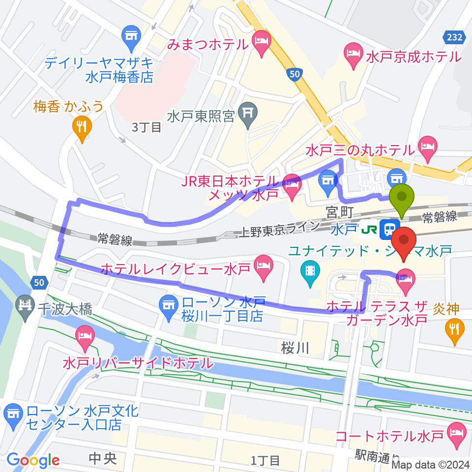 エクセルカルチャーセンターの最寄駅水戸駅からの徒歩ルート（約1分）地図