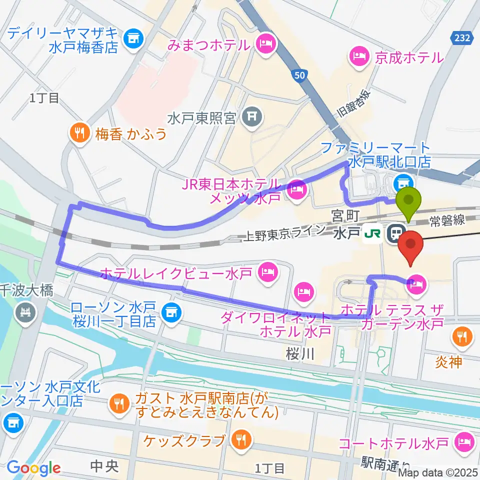 エクセルカルチャーセンターの最寄駅水戸駅からの徒歩ルート（約1分）地図