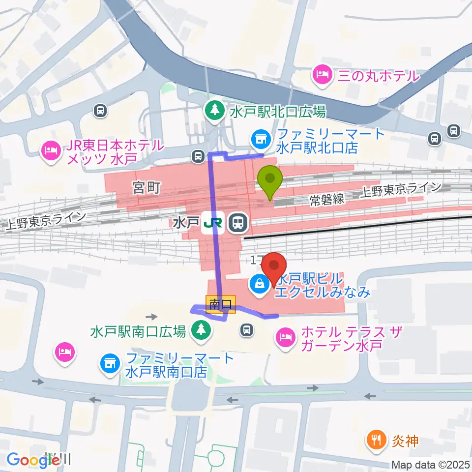 エクセルカルチャーセンターの最寄駅水戸駅からの徒歩ルート（約1分）地図