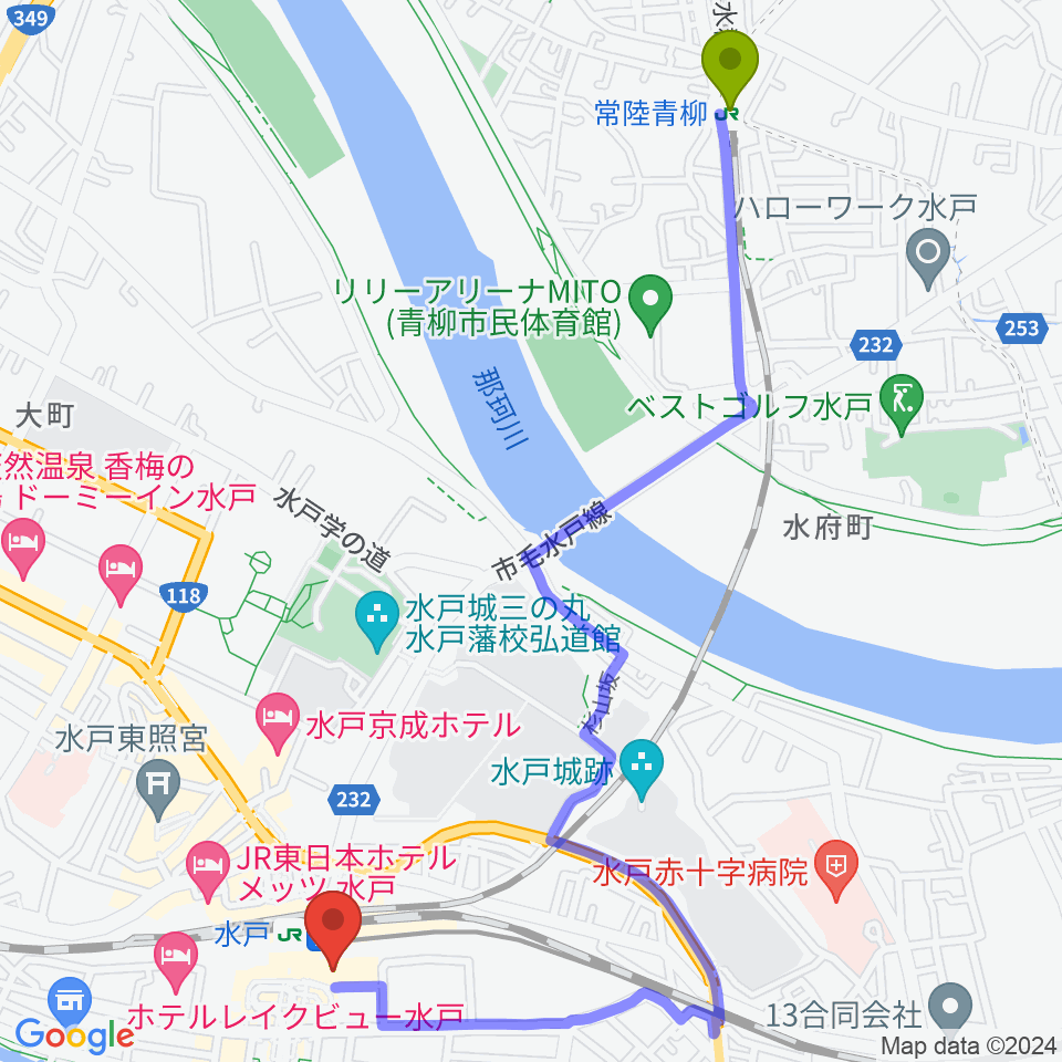 常陸青柳駅からエクセルカルチャーセンターへのルートマップ地図