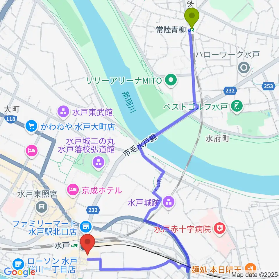 常陸青柳駅からエクセルカルチャーセンターへのルートマップ地図