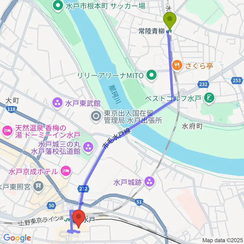 常陸青柳駅からエクセルカルチャーセンターへのルートマップ地図