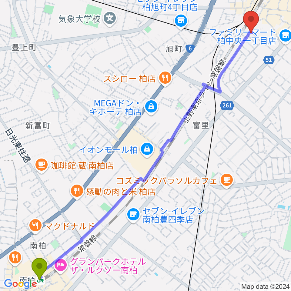 南柏駅からメアボイストレーニング柏へのルートマップ地図