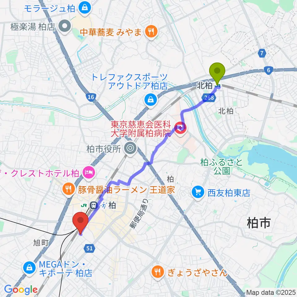 北柏駅からメアボイストレーニング柏へのルートマップ地図