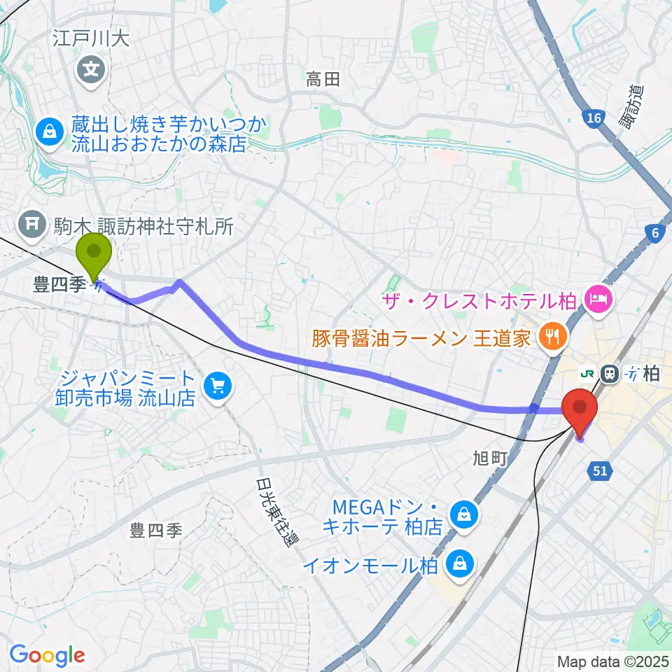 豊四季駅からメアボイストレーニング柏へのルートマップ地図