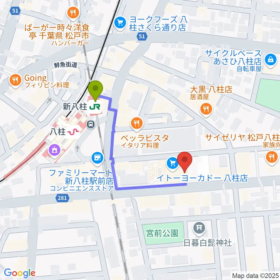 ヨークカルチャーセンター八柱の最寄駅新八柱駅からの徒歩ルート（約3分）地図