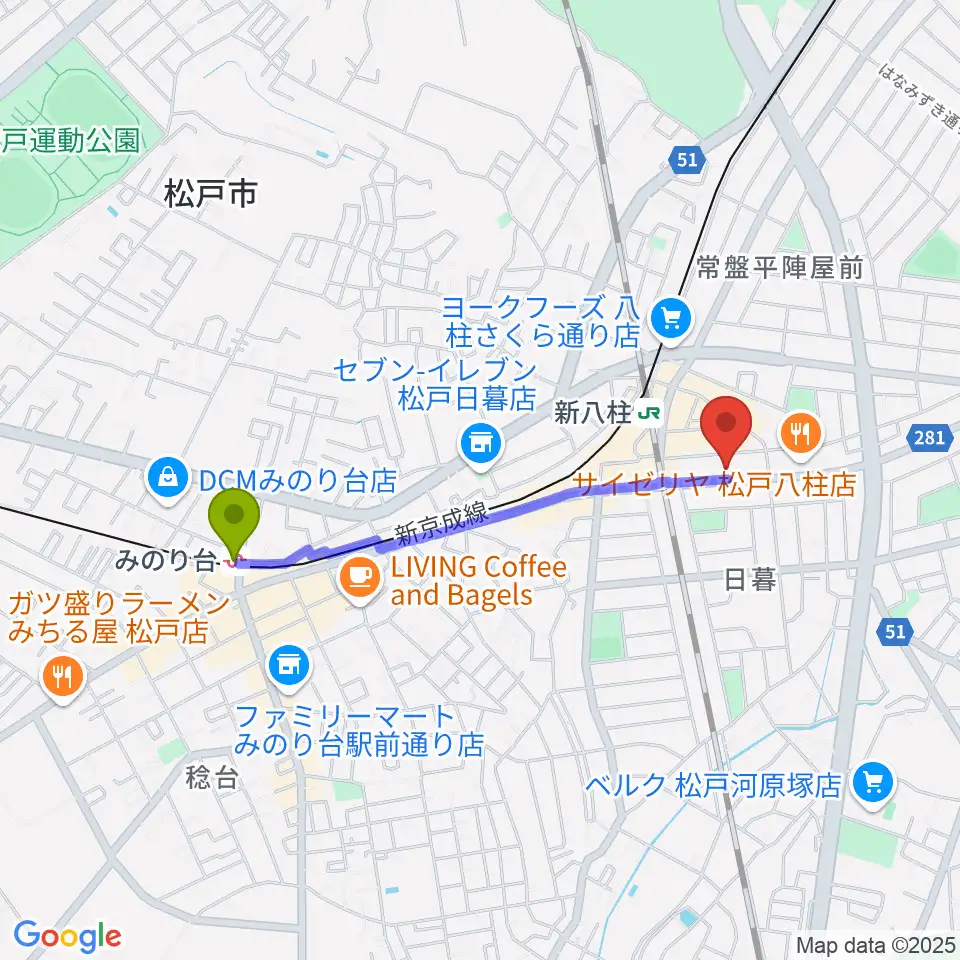 みのり台駅からヨークカルチャーセンター八柱へのルートマップ地図