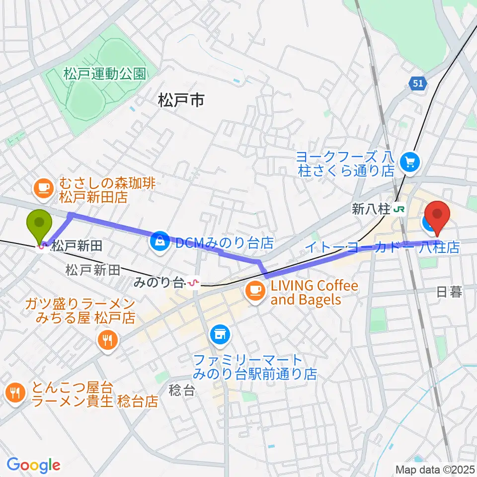 松戸新田駅からヨークカルチャーセンター八柱へのルートマップ地図