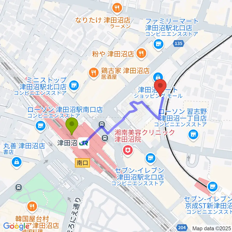 津田沼カルチャーセンターの最寄駅津田沼駅からの徒歩ルート（約3分）地図