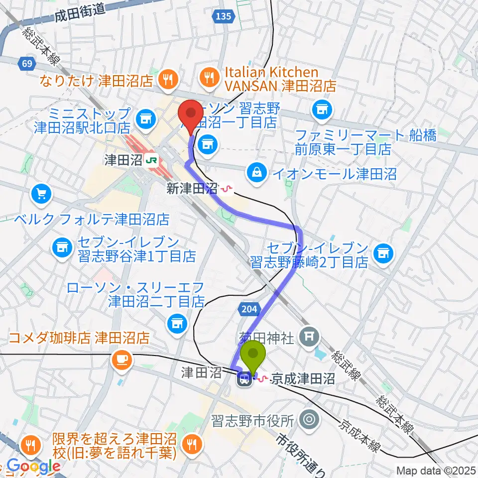 京成津田沼駅から津田沼カルチャーセンターへのルートマップ地図