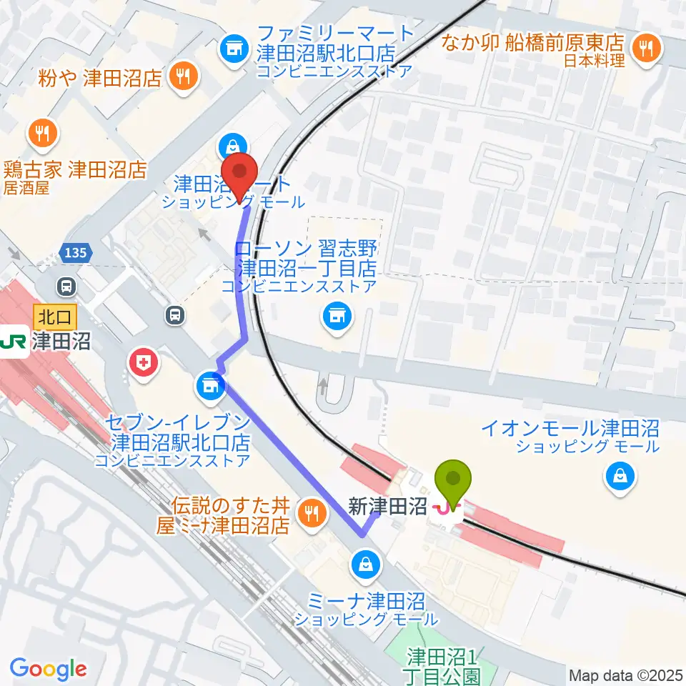 新津田沼駅から津田沼カルチャーセンターへのルートマップ地図