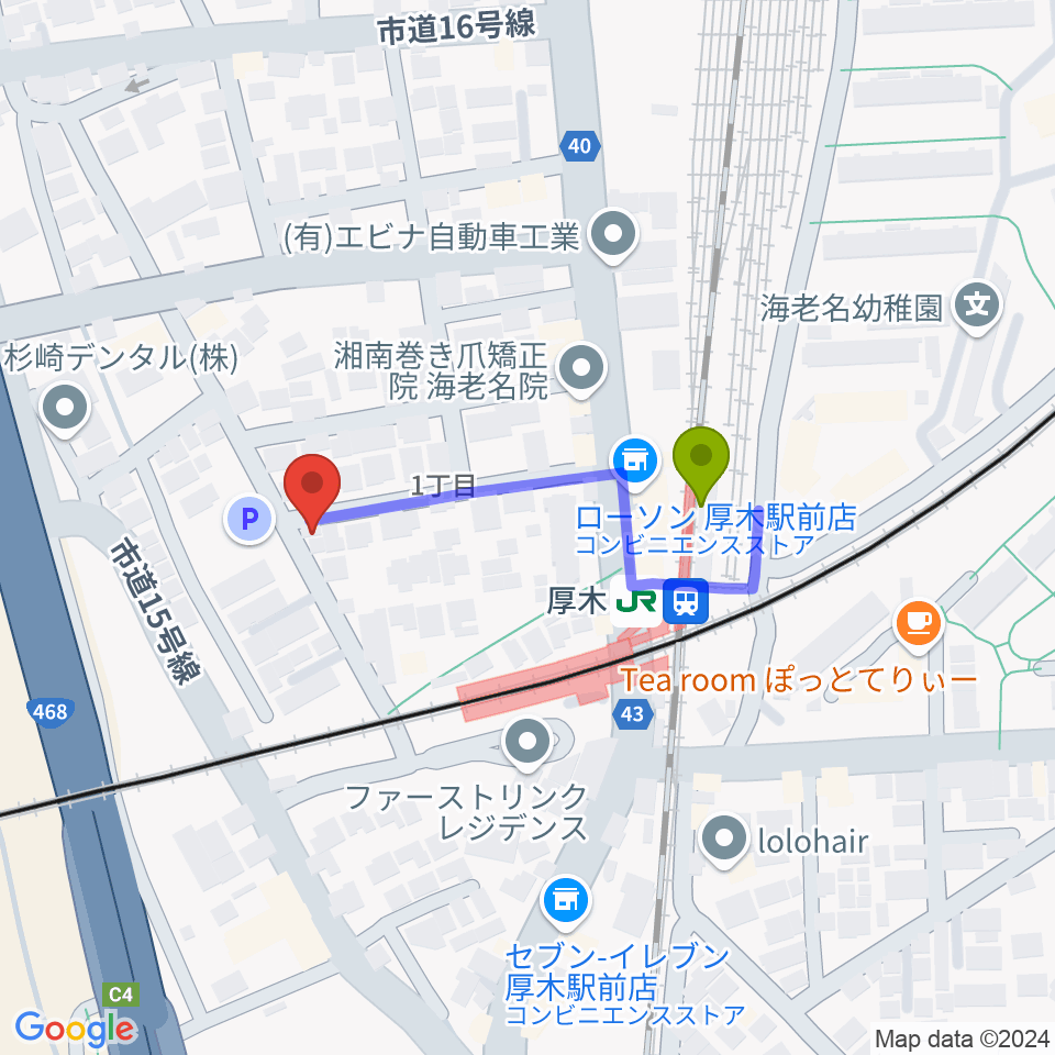 山脇ピアノ教室の最寄駅厚木駅からの徒歩ルート（約3分）地図