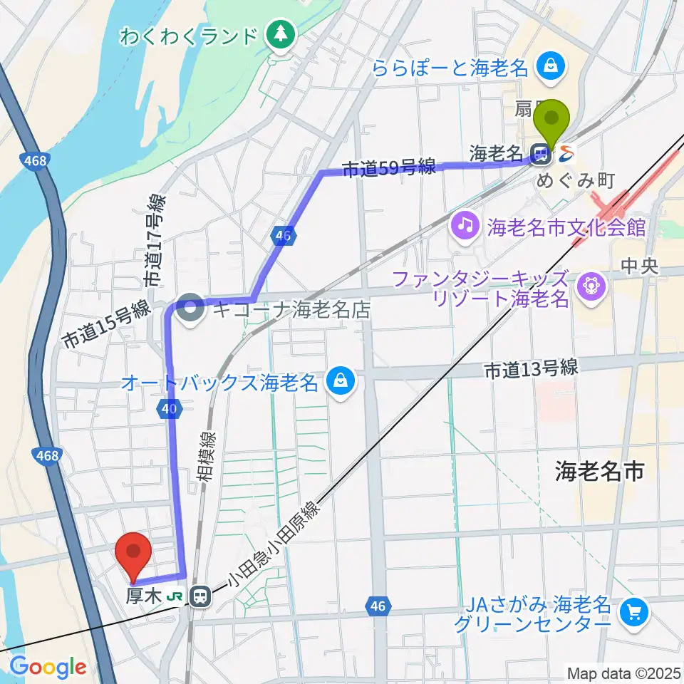 海老名駅から山脇ピアノ教室へのルートマップ地図