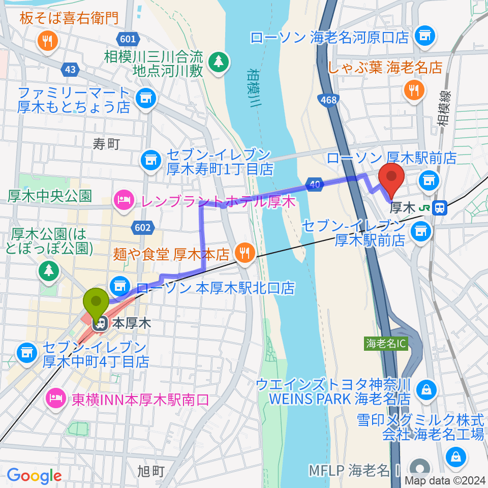 本厚木駅から山脇ピアノ教室へのルートマップ地図