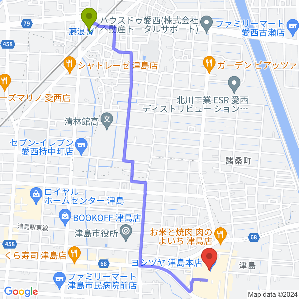 藤浪駅から矢木楽器店 ヨシヅヤ津島センターへのルートマップ地図