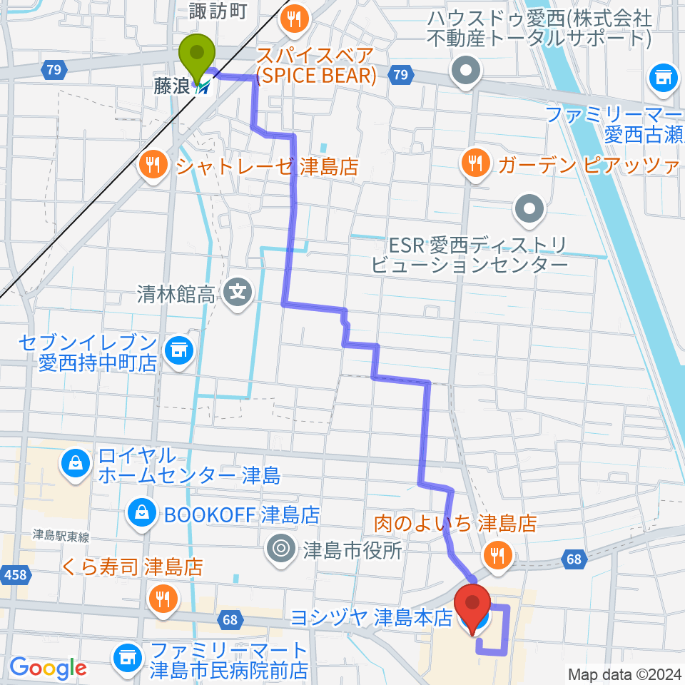 藤浪駅から矢木楽器店 ヨシヅヤ津島センターへのルートマップ地図