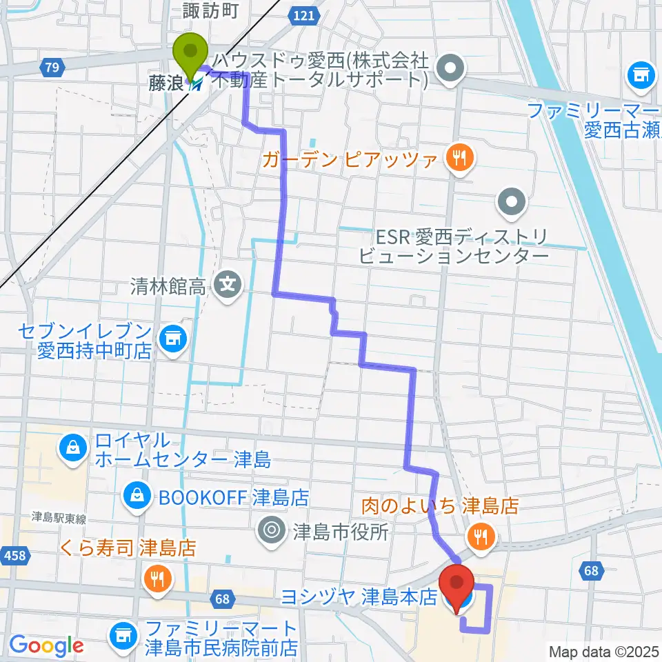 藤浪駅から矢木楽器店 ヨシヅヤ津島センターへのルートマップ地図