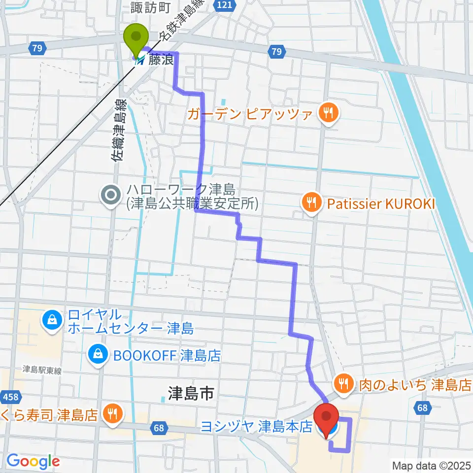 藤浪駅から矢木楽器店 ヨシヅヤ津島センターへのルートマップ地図