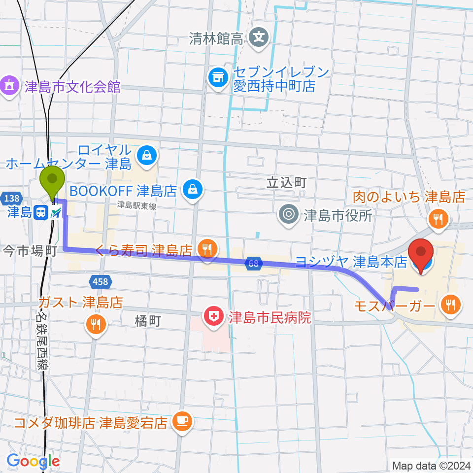 矢木楽器店 ヨシヅヤ津島センターの最寄駅津島駅からの徒歩ルート（約25分）地図