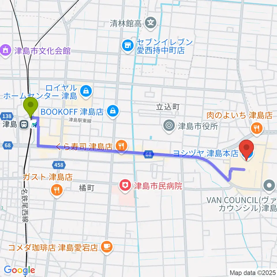 矢木楽器店 ヨシヅヤ津島センターの最寄駅津島駅からの徒歩ルート（約25分）地図