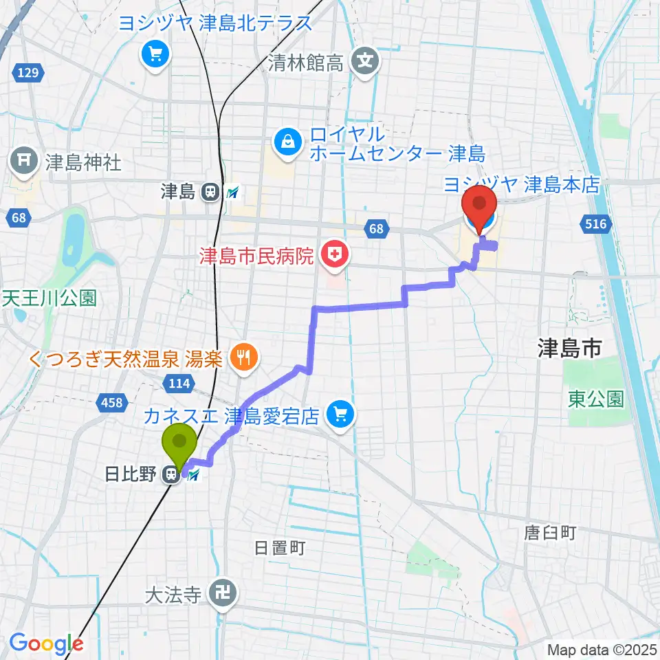 日比野駅から矢木楽器店 ヨシヅヤ津島センターへのルートマップ地図