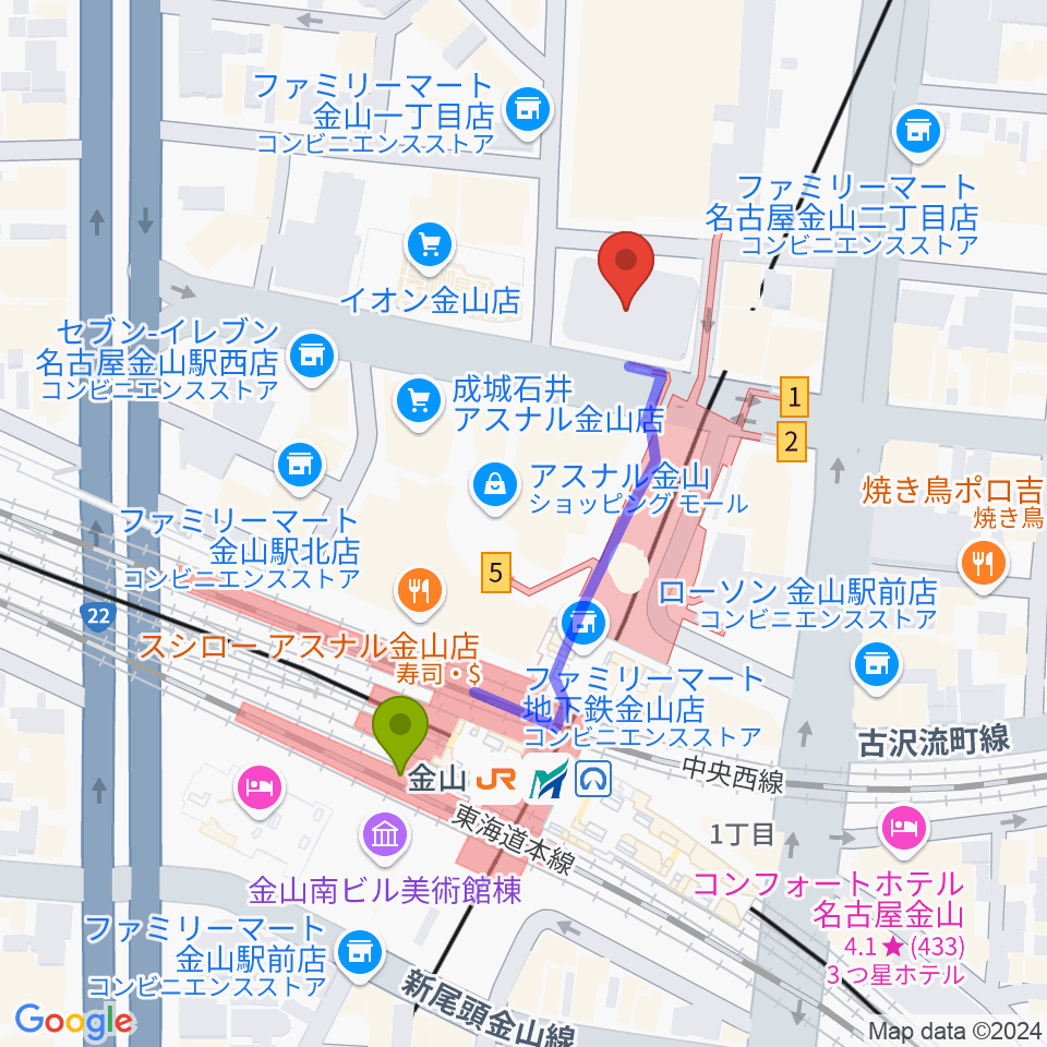 ヨモギヤ楽器 金山センターの最寄駅金山駅からの徒歩ルート（約4分）地図