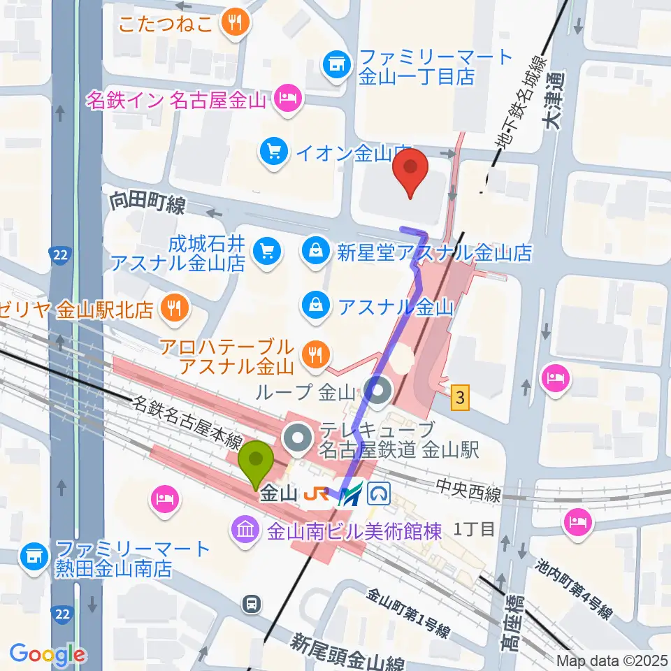 ヨモギヤ楽器 金山センターの最寄駅金山駅からの徒歩ルート（約4分）地図