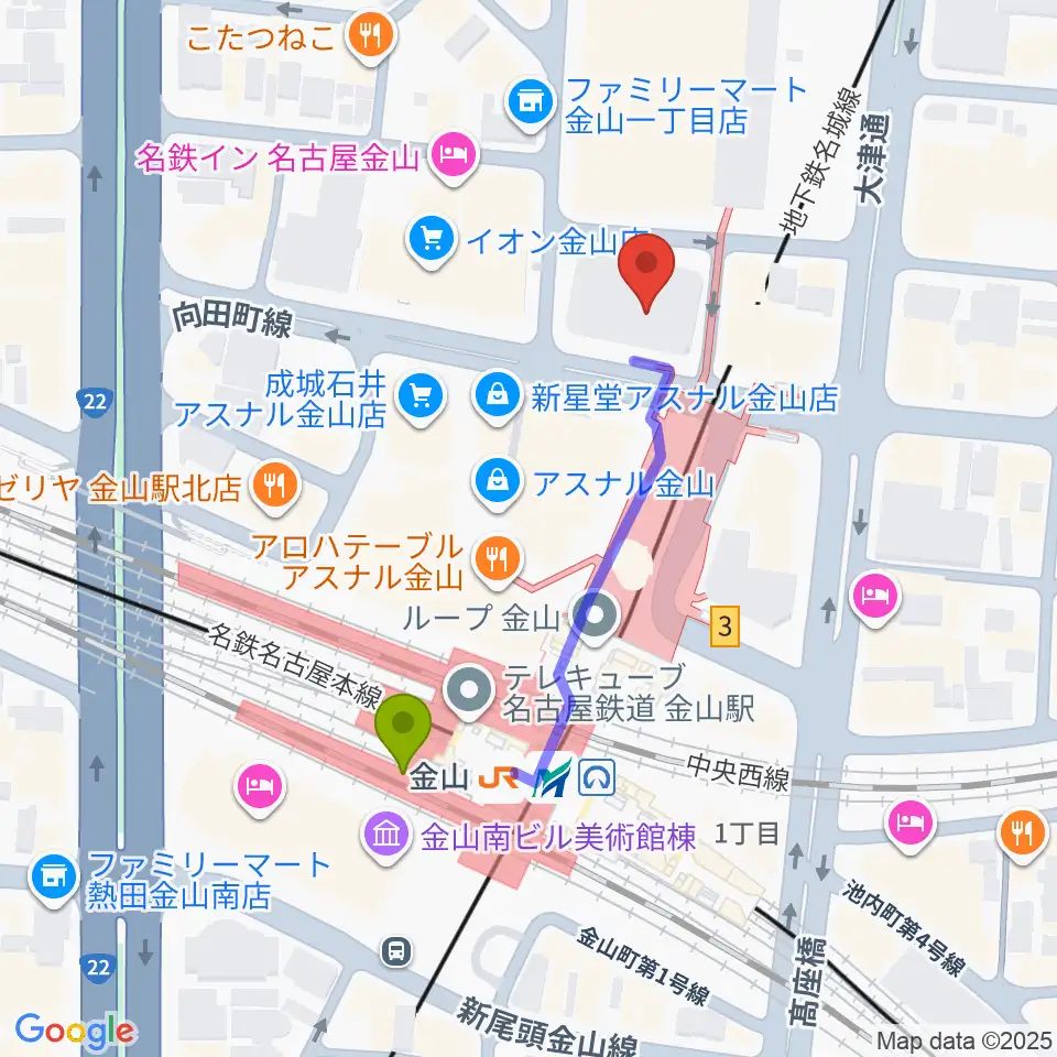ヨモギヤ楽器 金山センターの最寄駅金山駅からの徒歩ルート（約4分）地図