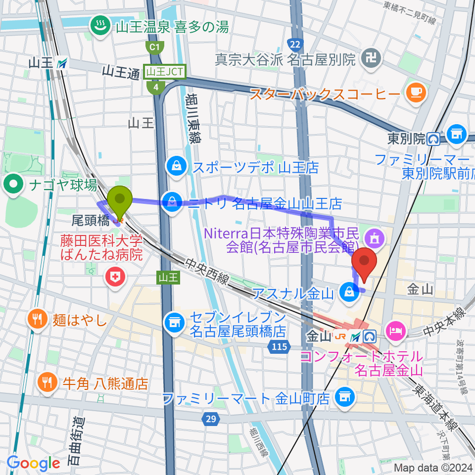 尾頭橋駅からヨモギヤ楽器 金山センターへのルートマップ地図