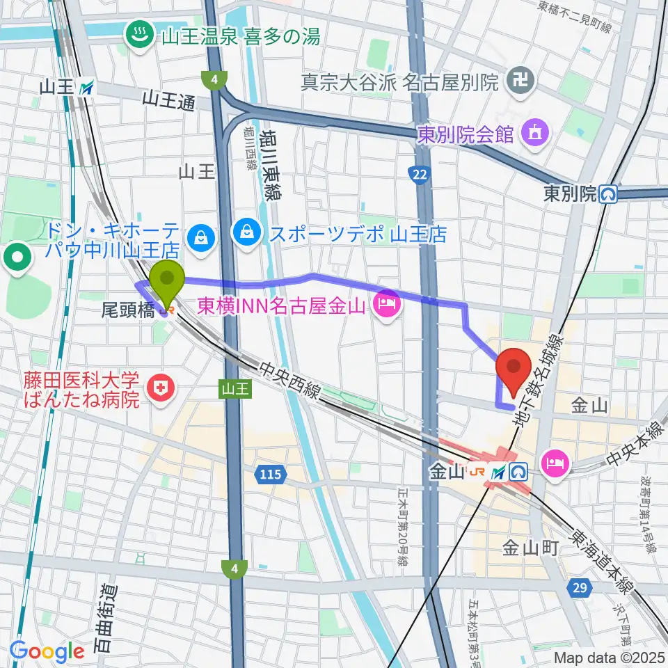 尾頭橋駅からヨモギヤ楽器 金山センターへのルートマップ地図