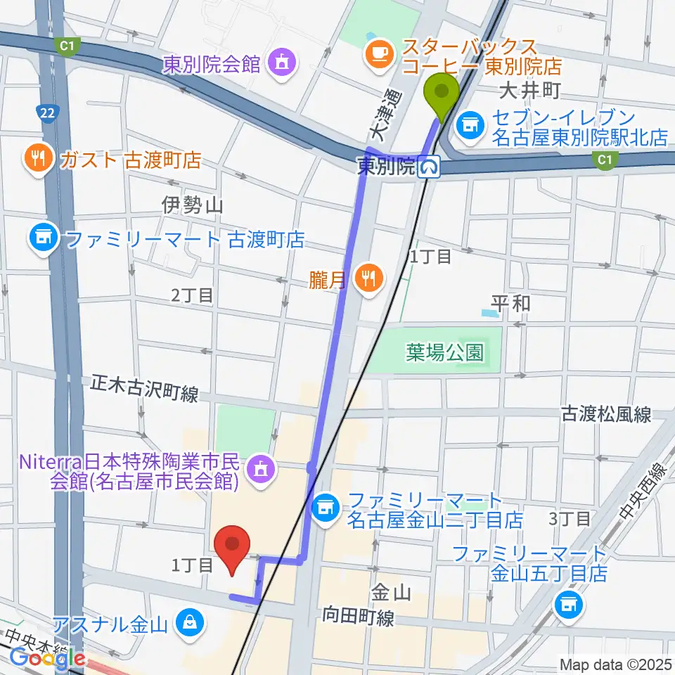 東別院駅からヨモギヤ楽器 金山センターへのルートマップ地図