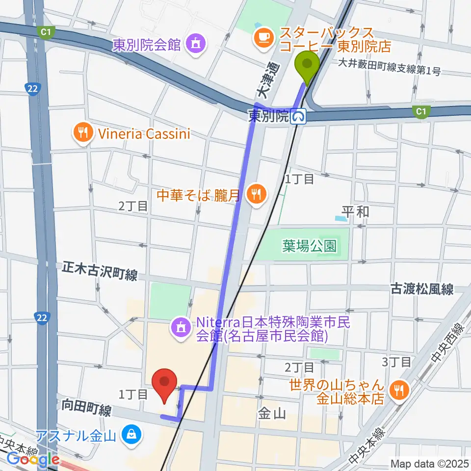 東別院駅からヨモギヤ楽器 金山センターへのルートマップ地図