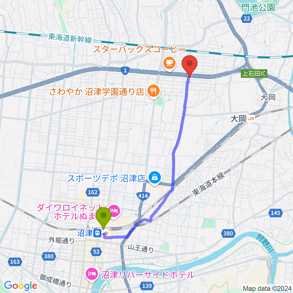 沼津駅からすみやグッディ沼津店へのルートマップ地図