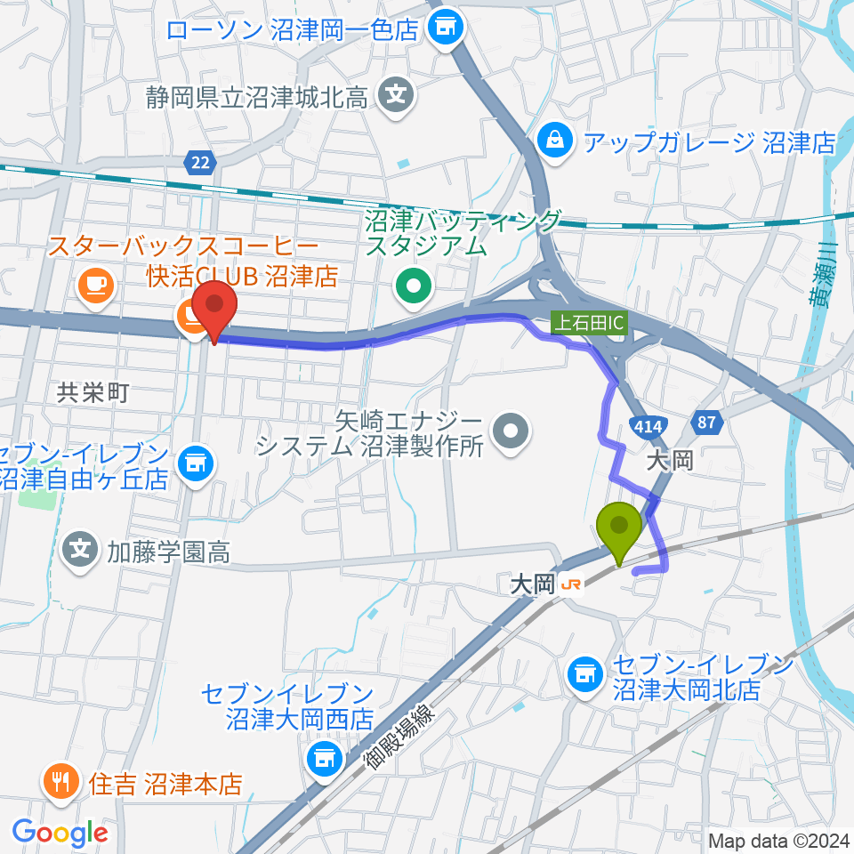 すみやグッディ沼津店の最寄駅大岡駅からの徒歩ルート（約17分）地図