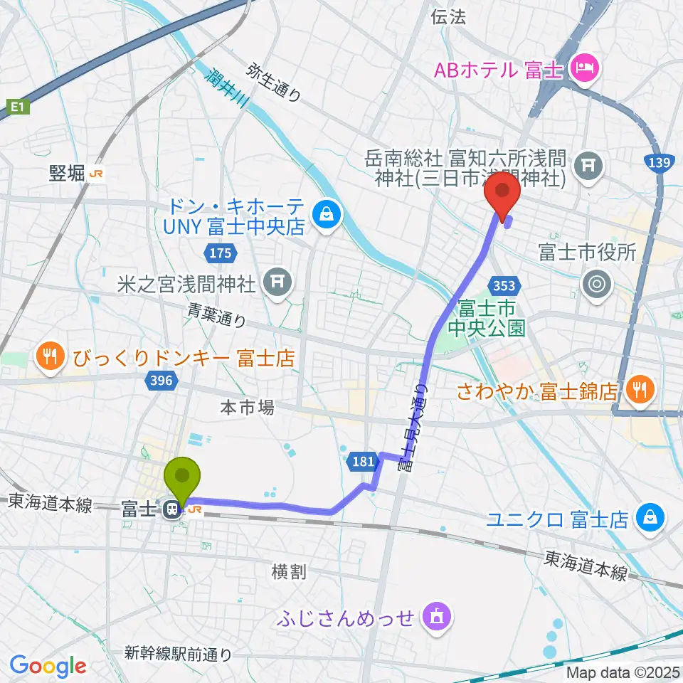 富士駅からすみやグッディ富士店へのルートマップ地図