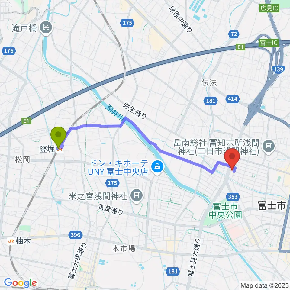竪堀駅からすみやグッディ富士店へのルートマップ地図