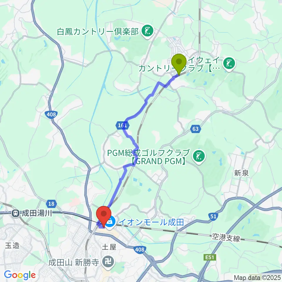 久住駅から成田カルチャーセンターへのルートマップ地図