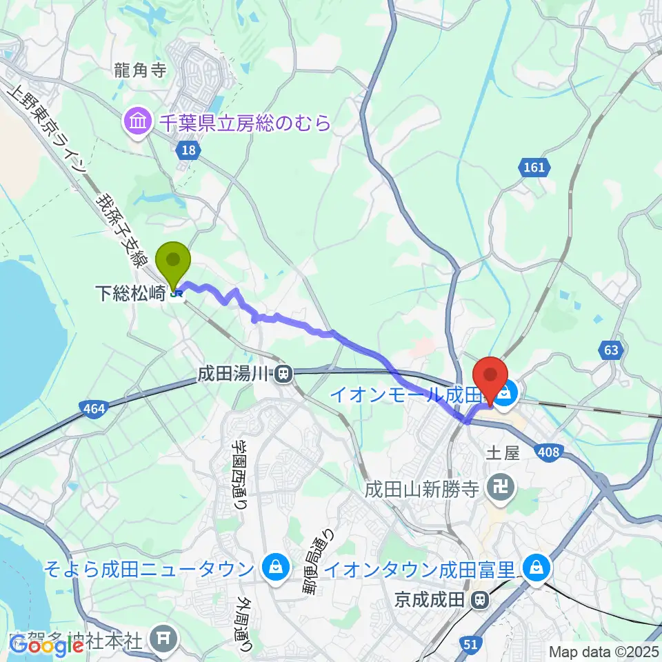下総松崎駅から成田カルチャーセンターへのルートマップ地図