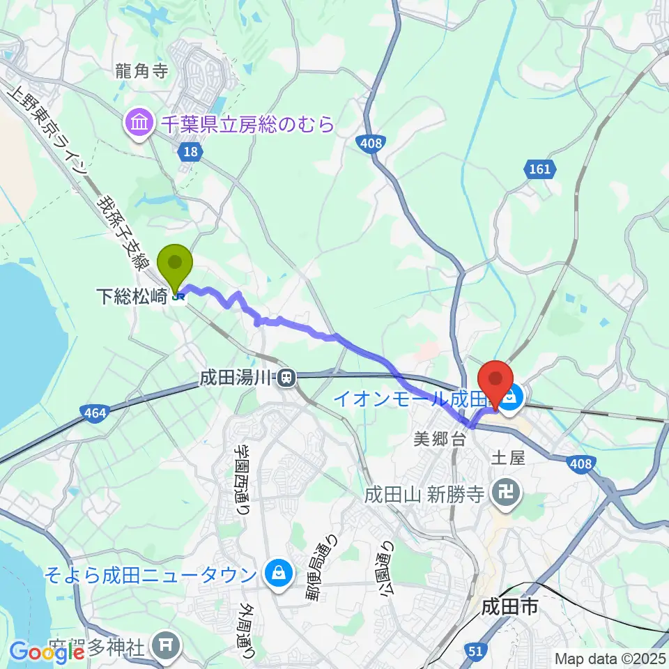 下総松崎駅から成田カルチャーセンターへのルートマップ地図