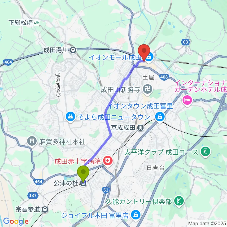 公津の杜駅から成田カルチャーセンターへのルートマップ地図
