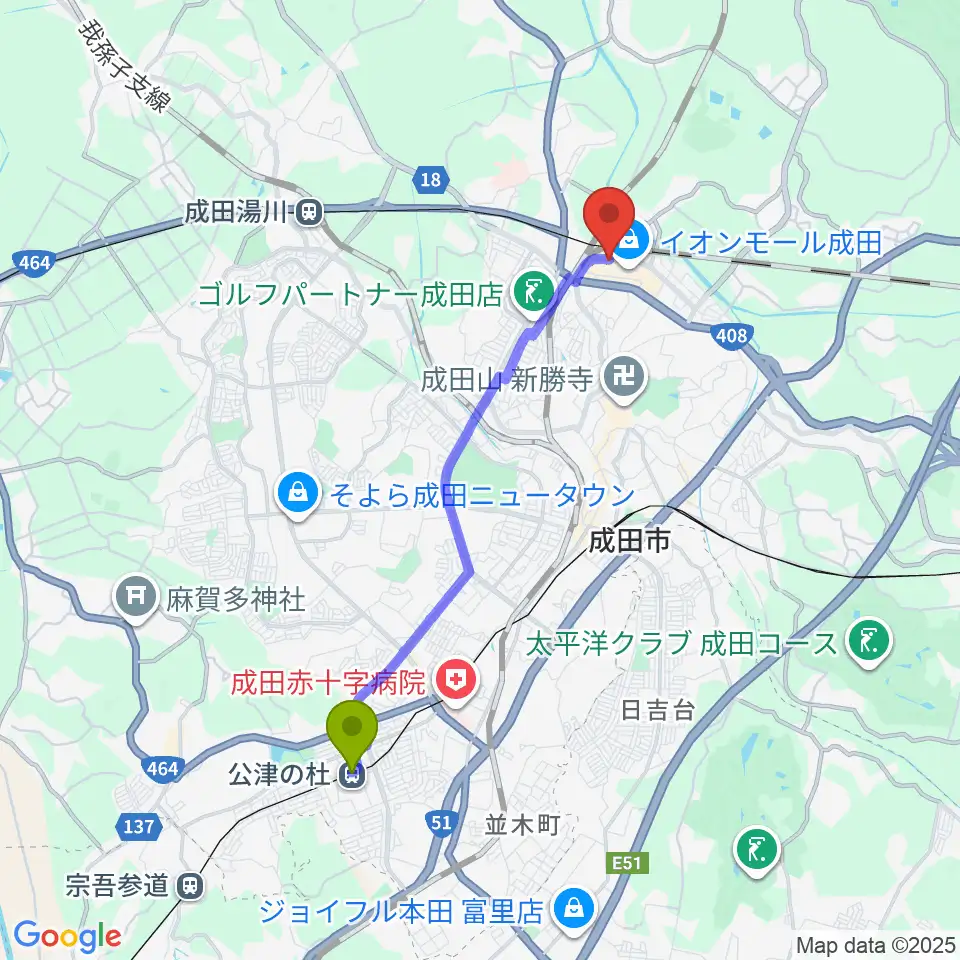 公津の杜駅から成田カルチャーセンターへのルートマップ地図