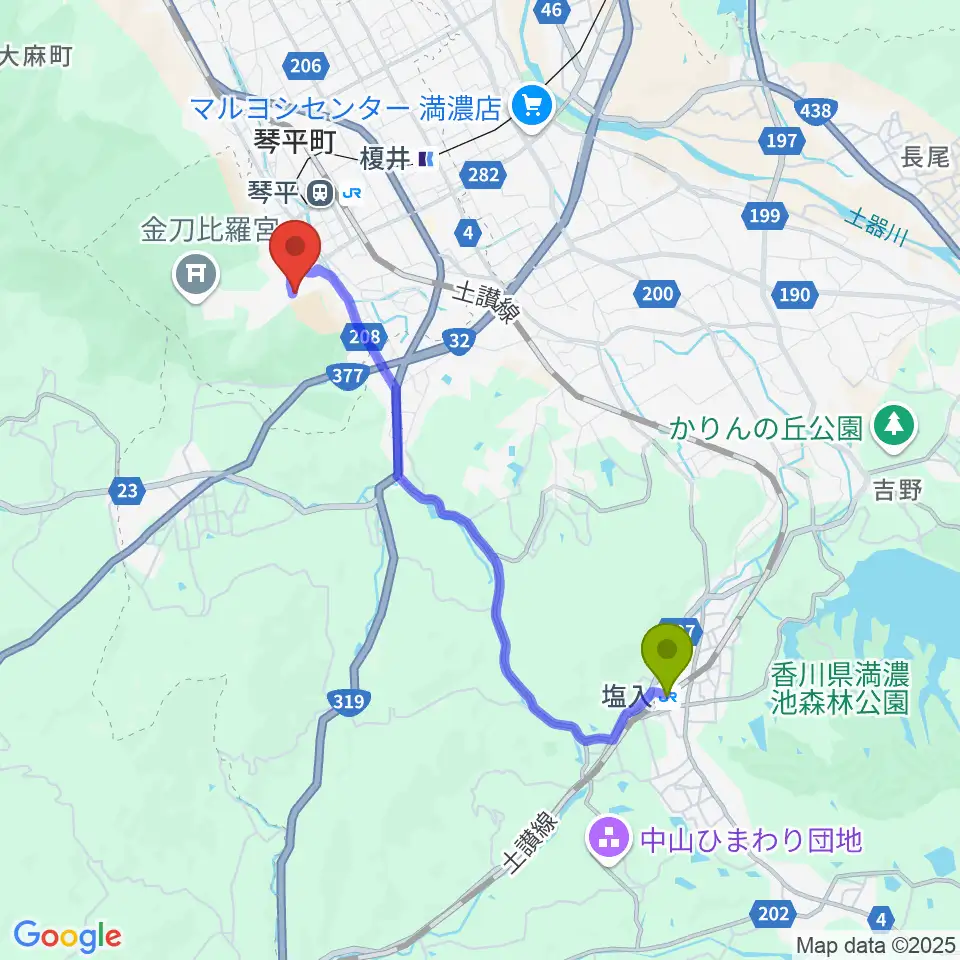 塩入駅から旧金毘羅大芝居劇場 金丸座へのルートマップ地図