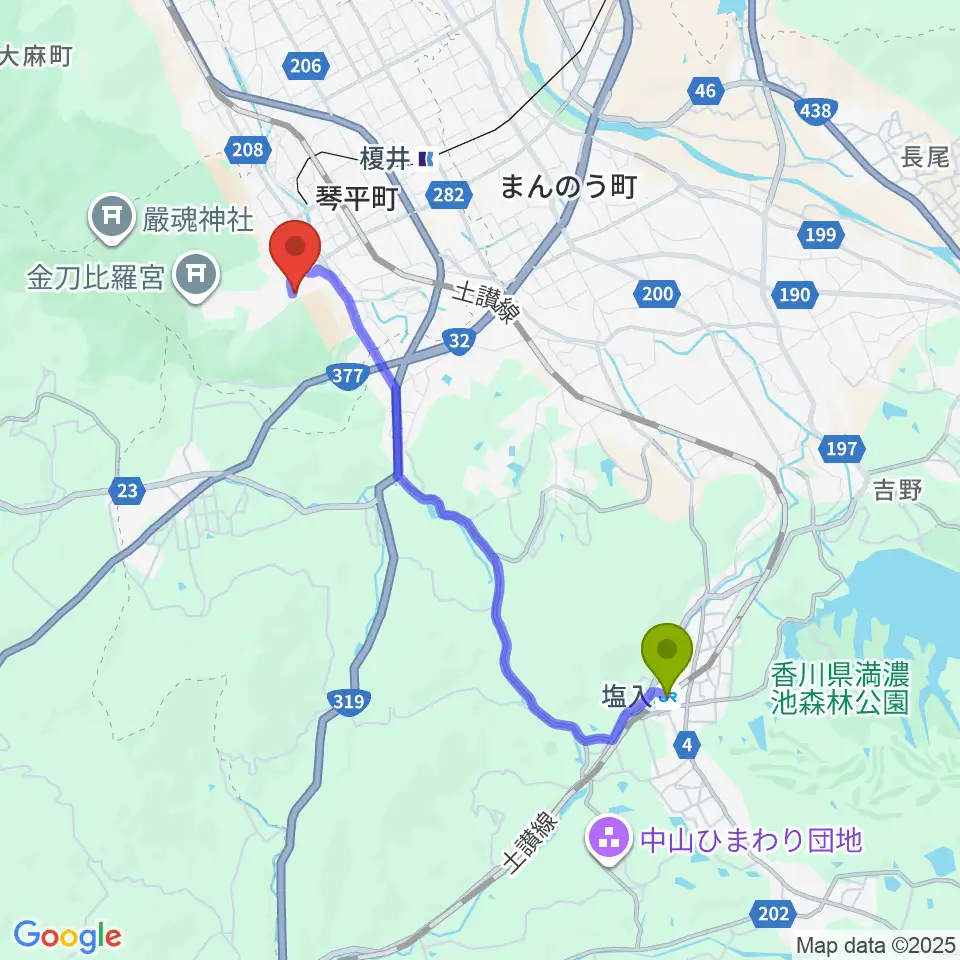 塩入駅から旧金毘羅大芝居劇場 金丸座へのルートマップ地図
