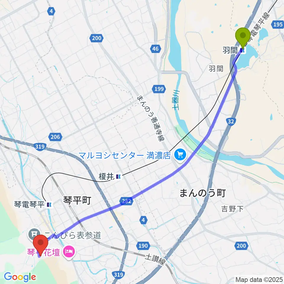 羽間駅から旧金毘羅大芝居劇場 金丸座へのルートマップ地図