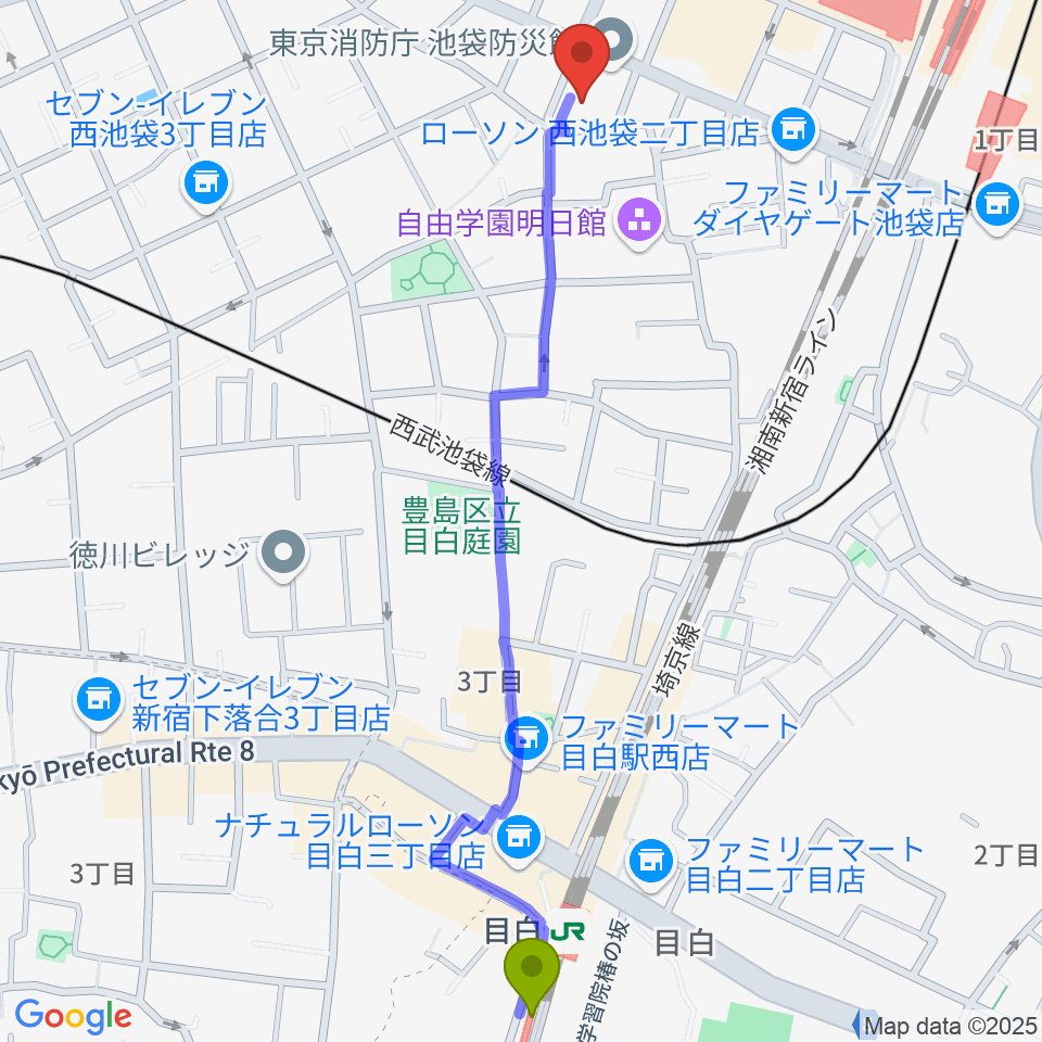 目白駅からとしま産業振興プラザ IKE・Bizへのルートマップ地図