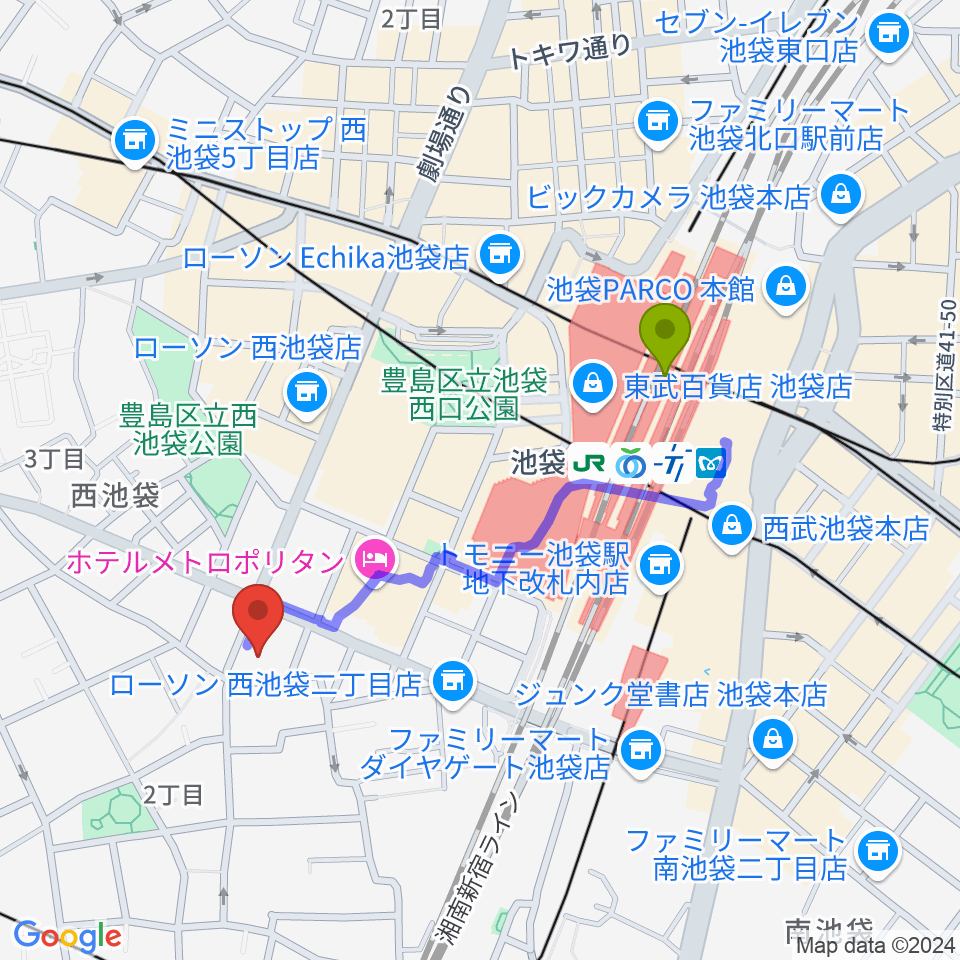 としま産業振興プラザ IKE・Bizの最寄駅池袋駅からの徒歩ルート（約8分）地図