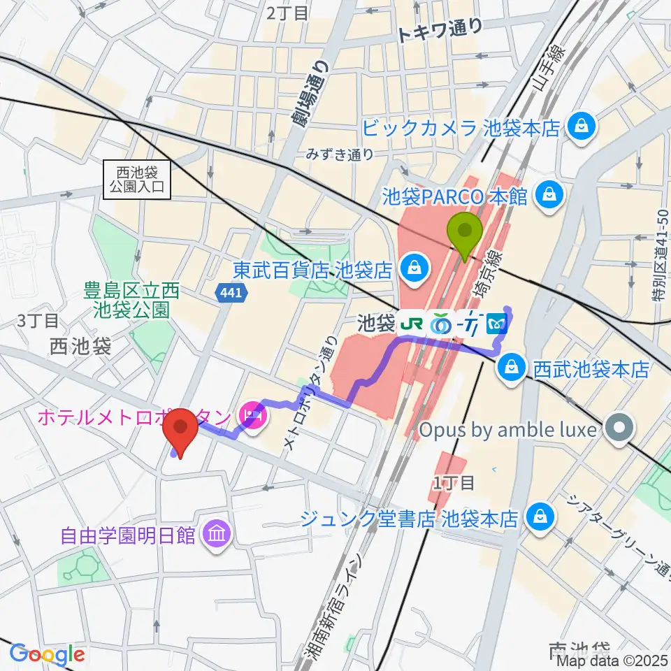 としま産業振興プラザ IKE・Bizの最寄駅池袋駅からの徒歩ルート（約8分）地図