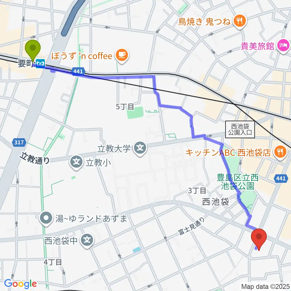 要町駅からとしま産業振興プラザ IKE・Bizへのルートマップ地図